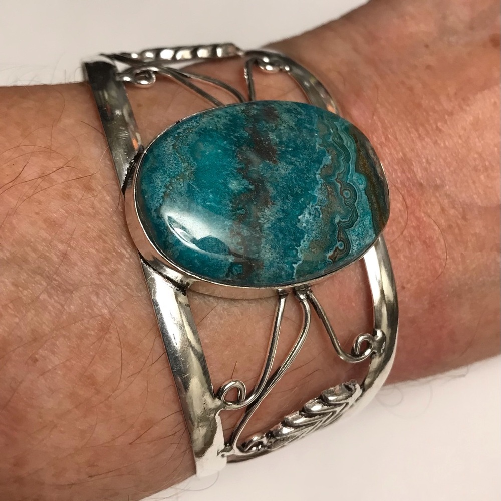 Chrysocolla Stamped Solid 925 Sterling Silver Cuff Bracelet